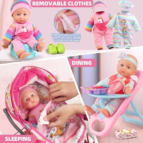Baby Doll Stroller Set for Girls with 12.5" Baby Doll,Quilt Pillow,Dining Chair, 2 Sets Doll Clothes and 24 PCS Doll Accessories,Stroller Toys for Toddler Kids Ages 3 4 5 6 7 Gifts for Pretend Play in Saudi Arabia