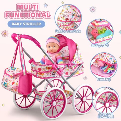 Baby Doll Stroller Set for Girls with 12.5" Baby Doll,Quilt Pillow,Dining Chair, 2 Sets Doll Clothes and 24 PCS Doll Accessories,Stroller Toys for Toddler Kids Ages 3 4 5 6 7 Gifts for Pretend Play in Saudi Arabia