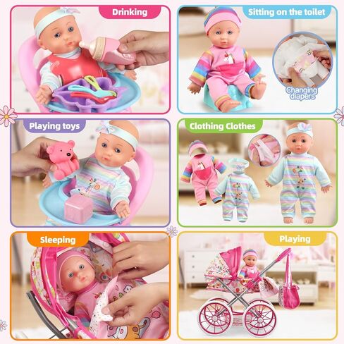 Baby Doll Stroller Set for Girls with 12.5" Baby Doll,Quilt Pillow,Dining Chair, 2 Sets Doll Clothes and 24 PCS Doll Accessories,Stroller Toys for Toddler Kids Ages 3 4 5 6 7 Gifts for Pretend Play in Saudi Arabia