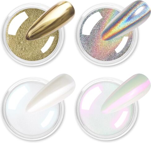 Allstarry White Chrome Nail Powder, 4 PCS Color-Shift Chameleon Chrome Effect Powder Neon Aurora Glitter Dust Iridescent Pearlescent Pearl Pigment for Nail Art Decoration, Gel Polish, Resin Craft in Kuwait