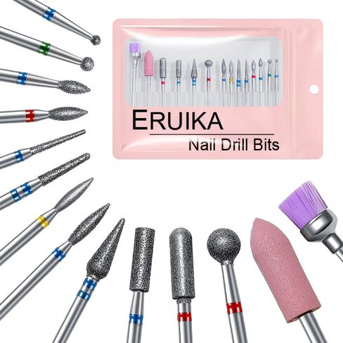ERUIKA 14pcs Nail Drill Bits Set, Professional Rotary Burrs Diamond Cuticle Remover Bits Kit, 3/32" Electric Manicure Nail File Bit for Acrylic Gel Nails Cuticle Manicure in Kuwait