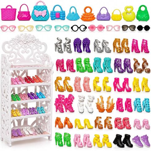 HighFun Doll Shoes Rack + 30 Pairs Doll Shoes 10 Doll Handbags 10 Doll Glasses Replacement Fashion Playset Accessories Different Assorted Colors High Heel Boots Sandals for 11.5 Inch Girl Doll in Kuwait