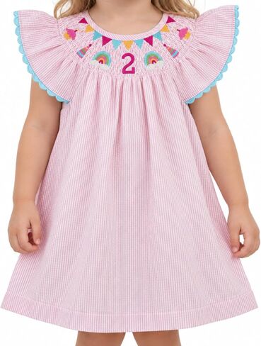 Mud Pie Girls Smocked Birthday Dress, Pink, 24 Months/2 Toddler in Kuwait