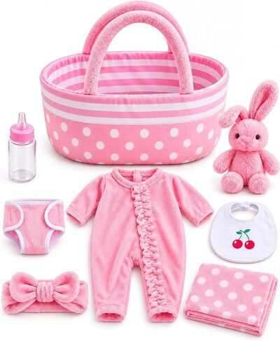 BABESIDE 8 Pcs Reborn Baby Doll Clothes with Bassinet for 17-22 Inch Baby Dolls, Baby Doll Accessories and Doll Clothes Outfit fit Newborn Baby Doll Girl, Babies Pretend Play Set (Not Doll) in Kuwait