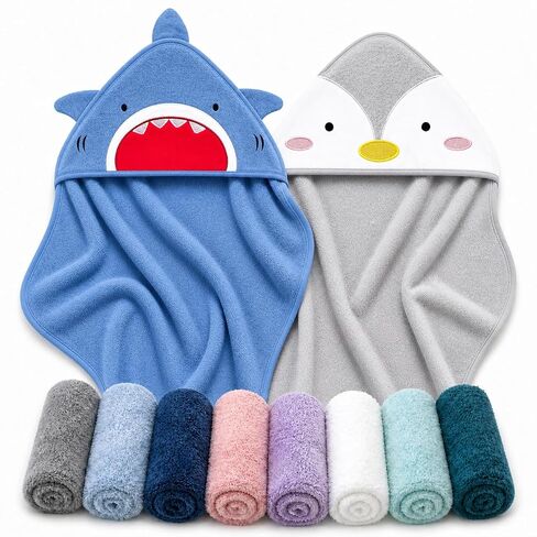 Cute Castle 2 Pack Hooded Baby Towel Rayon Made from Bamboo with 8 Washcloths - Soft Bath Towel for Bathtub for Babie, Newborn, Infant, Natural Baby Stuff Towel (Bear and Chicken) in Kuwait