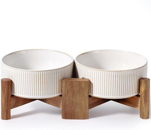 Getstar Ceramic Dog Bowls Set with Acacia Wood Stand, 3.5 Cups Pet Bowls Set of 2 for Medium Dogs, Cute Dog Raised Food Bowl, Cat Bowls in Saudi Arabia