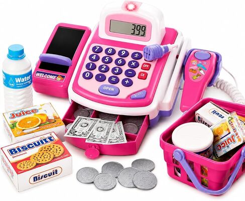 Prextex Pretend Play Store Electronic Toy Kids Cash Register - STEM Toy Cash Register for Kids, Play Money, Microphone - Kids Toy, Grocery Supermarket Playset, Play Cash Register, Learning Resources in Saudi Arabia