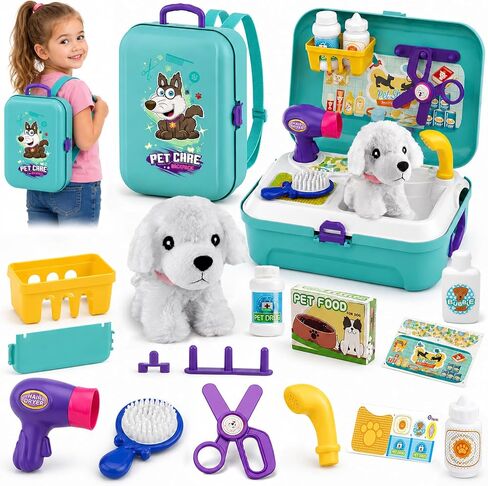 TEUVO Pet Care Play Set Doctor Kit للأطفال، 16 جهاز كمبيوتر شخصى الطبيب التظاهر اللعب البيطري الكلب الاستمالة اللعب جرو الكلب الناقل تغذية الكلب على ظهره الهدايا للفتيات الفتيان 3-7 سنوات من العمر in Kuwait