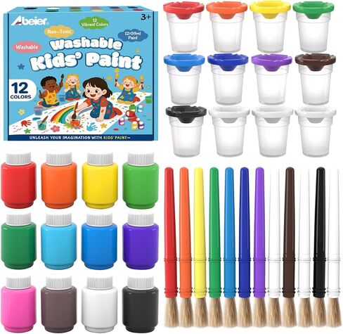 ABEIER Washable Kids Paint Kit, 36 pcs, 12 x 2 oz, Brushes&Cups, Non-Toxic in Kuwait