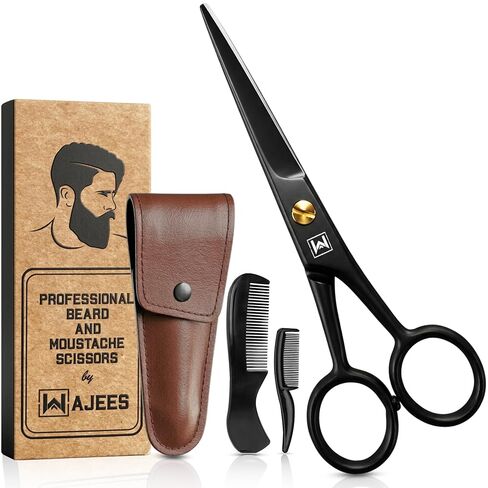 WAJEES Beard Scissors for Men A Complete Set of Grooming Scissors Men, 1 Mustache Comb, & 1 Beard Grooming Comb in a Carrying Pouch Perfect Mustache Scissors, Men’s Facial Hair Scissors in Kuwait