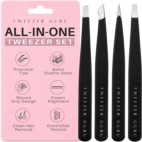 Tweezer Guru Eyebrow Tweezer Set (4-Piece) for Women & Men - Professional Slant and Pointed Tweezers Set with Case - Precision Tweezers Kit for Facial Hair, Splinter and Ingrown Hair Removal in Kuwait