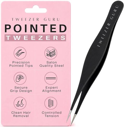 Tweezer Guru Pointed Tweezers - Sharp Precision Needle Nose Tip, Best Tweezers for Eyebrows and Ingrown Hair, Surgical Pointed for Blackheads & Splinters (Black) in Kuwait
