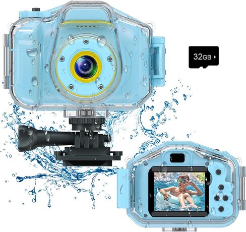 Agoigo Kids Waterproof Camera Toys for 3-9 Year Old Boys Girls Christmas Birthday Gifts HD Children's Digital Action Camera 2 Inch Screen with 32GB Card (Dark Blue) in Kuwait