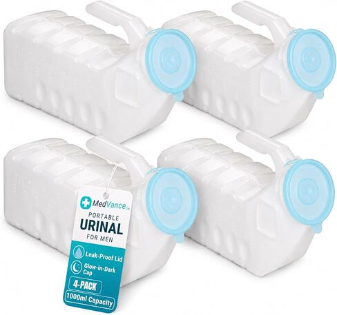 MedVance- Urinals for Men 1000ml with Glow in The Dark Spill Proof Pop Cap Lid, Plastic Pee Bottles for Men, Male Urinals, Pee Container Men, Portable Urinal for Car, Elderly & Incontinence (4 Pack) in Kuwait