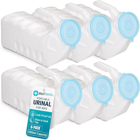 MedVance- Urinals for Men 1000ml with Glow in The Dark Spill Proof Pop Cap Lid, Plastic Pee Bottles for Men, Male Urinals, Pee Container Men, Portable Urinal for Car, Elderly & Incontinence (4 Pack) in Saudi Arabia