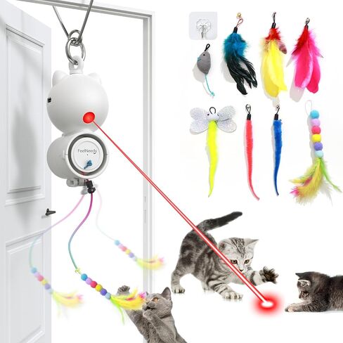 FEELNEEDY Interactive Cat Toys, LED Light, 8 PCS Replacement Teaser with Bell Refills, Feather & Mouse Cats Toy, Hanging Cat Toys for Indoor Cats, for Bored Adult Kitten Exercise, Silver in Saudi Arabia