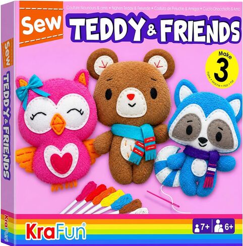 مجموعة الخياطة KRAFUN للأطفال بعمر 7 8 9 10 11 12 مبتدئًا My First Art & Craft، تتضمن 3 دمى حيوانات محشوة وتعليمات ومواد لباد قطيفة لتعلم الخياطة والتطريز - تيدي والراكون والبومة in Kuwait
