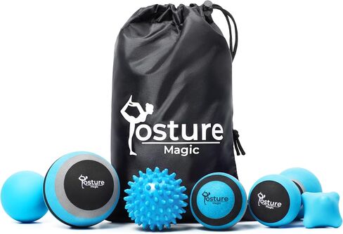 مجموعة كرة التدليك السحرية من Posture لإطلاق نقطة الزناد الليفي العضلي وتدليك الأنسجة العميقة - مجموعة من 6 - رغوة كبيرة / رغوة صغيرة / لاكروس / الفول السوداني / شائك / كرة تمرين اليد (أزرق) in Kuwait
