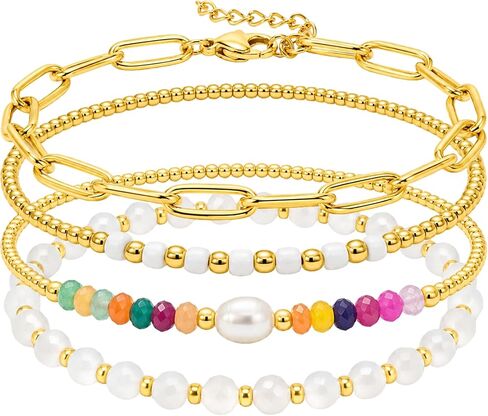 Dainty Gold Plated Pearl Crystal Beaded Bracelets Set for Women 14K Gold Plated Bead Pearl Beads Bracelet Stackable Paperclip Link Chain Bracelets Gold Plated Bracelets for Women Trendy Jewelry in Kuwait