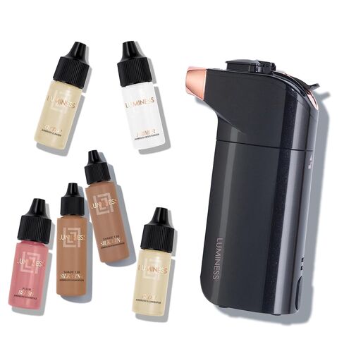 نظام مكياج البخاخة Lumness BREEZE DUO، تغطية متوسطة - مجموعة مكونة من 9 قطع تتضمن 2x فرشاة أساس حريرية، أحمر خدود وردي ناعم، هايلايتر متوهج، برايمر مرطب، ومحلول تنظيف البخاخة in Kuwait