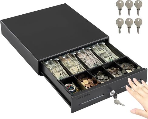 درج تسجيل نقدي مفتوح بالضغط اليدوي مقاس 13 بوصة لنظام نقاط البيع (POS) - أبيض مع لوحة لمس أمامية من الفولاذ المقاوم للصدأ - درج نقود صغير مزود بـ 4 فواتير و5 فتحات للعملات المعدنية، وصينية نقود قابلة للإزالة بالكامل in Kuwait