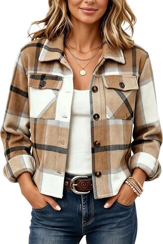 Yeokou Women's Fashion Cropped Flannel Wool Blend Plaid Shacket Long Sleeve Button Down Jackets Coat in Kuwait