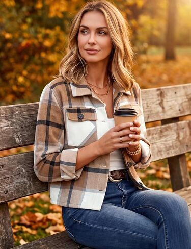 Yeokou Women's Fashion Cropped Flannel Wool Blend Plaid Shacket Long Sleeve Button Down Jackets Coat in Kuwait