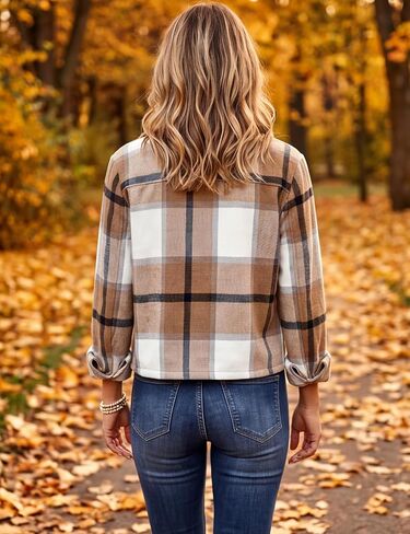 Yeokou Women's Fashion Cropped Flannel Wool Blend Plaid Shacket Long Sleeve Button Down Jackets Coat in Kuwait