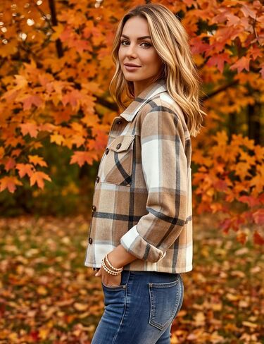 Yeokou Women's Fashion Cropped Flannel Wool Blend Plaid Shacket Long Sleeve Button Down Jackets Coat in Kuwait