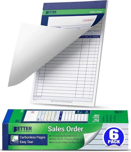 Better Office Products Large Sales Order Books, 6 Pack, 2-Part Carbonless (White/Canary Yellow), 5-7/16 x 8-7/16 inches, 50 Sets per Book, 300 Total Sets, 6 Books in Kuwait