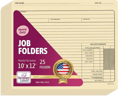 NextDayLabels - Classic Manila File Jacket 10" x 12" Job Folders – Heavy Duty - Preprinted to Track Job Progress, Calculating Cost, and Customer Correspondences (Pack of 25) in Kuwait