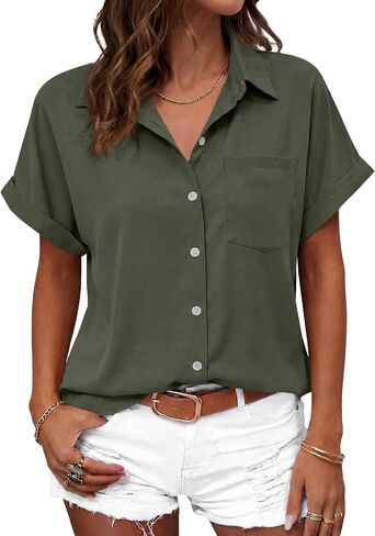 Beautife Womens Short Sleeve Shirts V Neck Collared Button Down Shirt Tops with Pockets in Kuwait