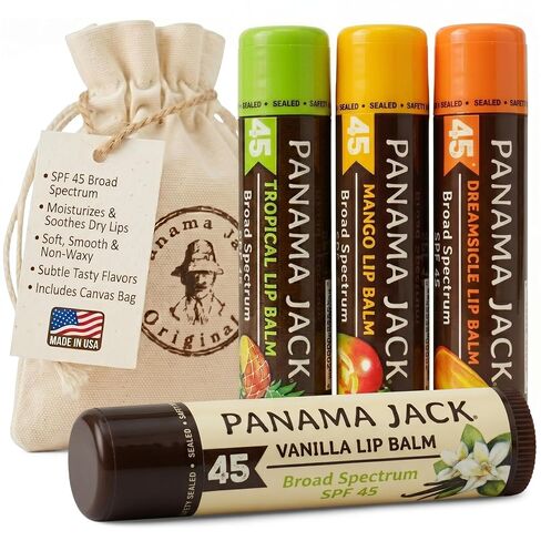 Panama Jack Sunscreen Lip Balm - SPF 45, Flavor Pack, Broad Spectrum UVA-UVB Sunscreen Protection, Prevents & Soothes Dry, Chapped Lips (Dreamsicle/Vanilla/Tropical/Mango) in Kuwait
