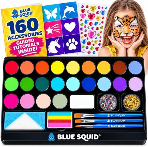 Blue Squid Face Painting Kit for Kids - 28 Color Face Paint Kit Palette with 160pc accessories Stencils, Water Activated Non Toxic Washable Professional Facepaint body set Halloween Party Makeup in Saudi Arabia