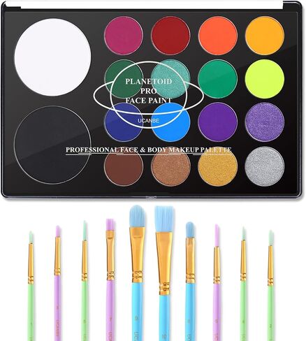 UCANBE Face Paint Kit + 10pcs Paint Brush Water Activated Body Paint SFX Makeup Palette for Cosplay Halloween Black White Face Painting Kits for Adults Matte Neon Special Effects Makeup Kit in Kuwait