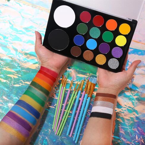 UCANBE Face Paint Kit + 10pcs Paint Brush Water Activated Body Paint SFX Makeup Palette for Cosplay Halloween Black White Face Painting Kits for Adults Matte Neon Special Effects Makeup Kit in Kuwait