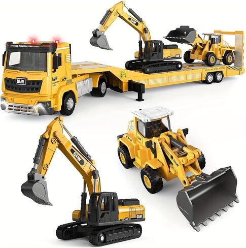 Alloy Die-Cast Construction Vehicles Toys Set w/Semi Truck, Excavator & Bulldozer - Real Lights & Sounds, Movable Parts - Learning Toys Gift for 3-7 Year Old Boys Girls in Kuwait