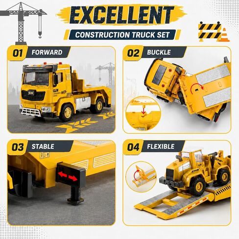 Alloy Die-Cast Construction Vehicles Toys Set w/Semi Truck, Excavator & Bulldozer - Real Lights & Sounds, Movable Parts - Learning Toys Gift for 3-7 Year Old Boys Girls in Kuwait
