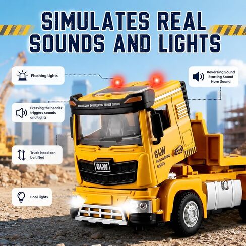 Alloy Die-Cast Construction Vehicles Toys Set w/Semi Truck, Excavator & Bulldozer - Real Lights & Sounds, Movable Parts - Learning Toys Gift for 3-7 Year Old Boys Girls in Kuwait