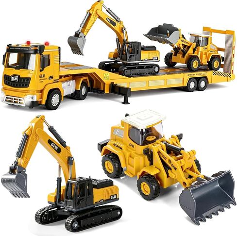 Alloy Die-Cast Construction Vehicles Toys Set w/Semi Truck, Excavator & Bulldozer - Real Lights & Sounds, Movable Parts - Learning Toys Gift for 3-7 Year Old Boys Girls in Kuwait