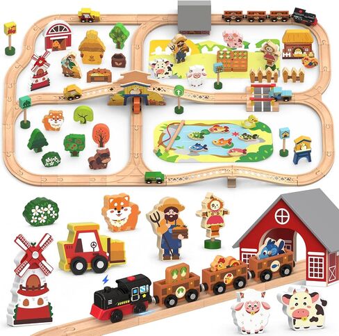 Electric Wooden Train Set, Farm 52-Piece Train Toy with Cargo Cars for Kids in Kuwait