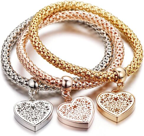 SILANER Crystal Charms Multilayer Bracelets - 3PCS Gold/Silver/Rose Gold Corn Chain Bracelet for Women, Tree of Life Heart Shaped Stretch Bracelet in Saudi Arabia
