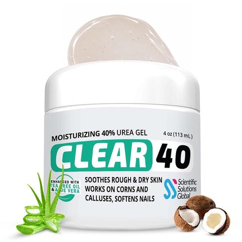 CLEAR 40, 40% Urea Gel, 4 oz w/Tea Tree & Coconut Oil, Aloe Vera Extract, Works on Calluses & Corns, Moisturizes & Softens Cracked Heels, Feet, Elbows, Hands, Nails, Superior Hydration to Urea Creams in Kuwait