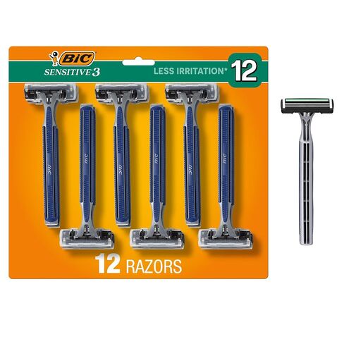 BIC Sensitive 3 Disposable Razors for Men With 3 Blades for Sensitive Skin, 12 Count Value Pack of Shaving Razors in Kuwait