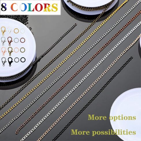 80ft Jewelry Making Kit - 8 Color Stainless Steel Curb Chain, 240 Jump Rings & 80 Lobster Clasps for DIY Bracelet, Earring & Necklace Crafts (2*3 mm) in Kuwait