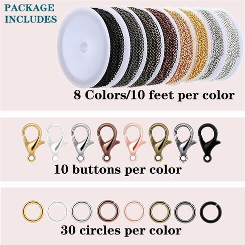 80ft Jewelry Making Kit - 8 Color Stainless Steel Curb Chain, 240 Jump Rings & 80 Lobster Clasps for DIY Bracelet, Earring & Necklace Crafts (2*3 mm) in Kuwait