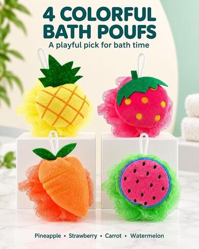 Rocutus 4pcs Child Bath Shower Sponge Pouf Loofahs Mesh Brush Shower Ball Cute Bath Flower with Hooks for Travel (Mixed 1) in Kuwait