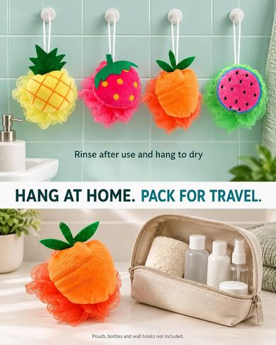 Rocutus 4pcs Child Bath Shower Sponge Pouf Loofahs Mesh Brush Shower Ball Cute Bath Flower with Hooks for Travel (Mixed 1) in Kuwait