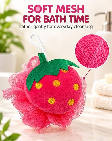 Rocutus 4pcs Child Bath Shower Sponge Pouf Loofahs Mesh Brush Shower Ball Cute Bath Flower with Hooks for Travel (Mixed 1) in Kuwait