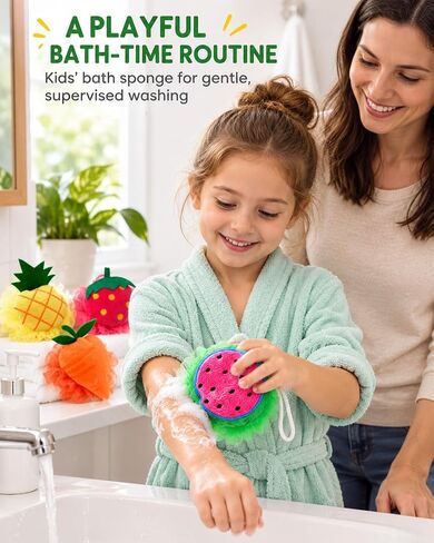 Rocutus 4pcs Child Bath Shower Sponge Pouf Loofahs Mesh Brush Shower Ball Cute Bath Flower with Hooks for Travel (Mixed 1) in Kuwait